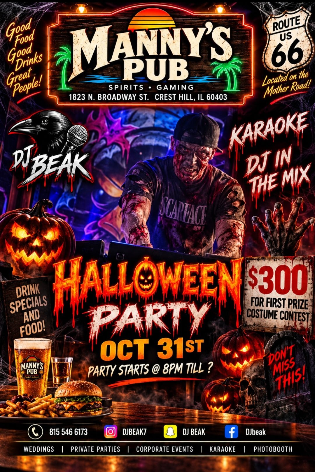 Halloween party flyer for Manny’s Pub in Crest Hill, October 31.